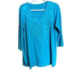 CIATE Top Womens Large Blue Floral Embroidered Scoop Neck Blouse Cotton Top